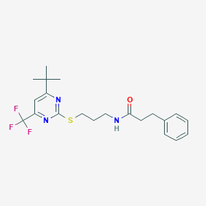 molecular formula C21H26F3N3OS B319687 N-(3-{[4-tert-butyl-6-(trifluoromethyl)pyrimidin-2-yl]sulfanyl}propyl)-3-phenylpropanamide 