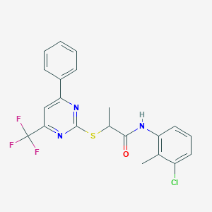 molecular formula C21H17ClF3N3OS B319689 N-(3-chloro-2-methylphenyl)-2-{[4-phenyl-6-(trifluoromethyl)-2-pyrimidinyl]sulfanyl}propanamide 