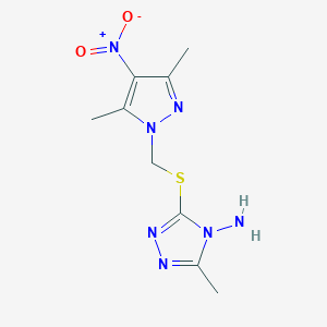 molecular formula C9H13N7O2S B3196897 3-{[(3,5-dimethyl-4-nitro-1H-pyrazol-1-yl)methyl]sulfanyl}-5-methyl-4H-1,2,4-triazol-4-amine CAS No. 1001519-09-0