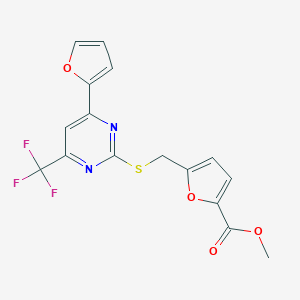 molecular formula C16H11F3N2O4S B319694 methyl 5-({[4-(2-furyl)-6-(trifluoromethyl)-2-pyrimidinyl]sulfanyl}methyl)-2-furoate 