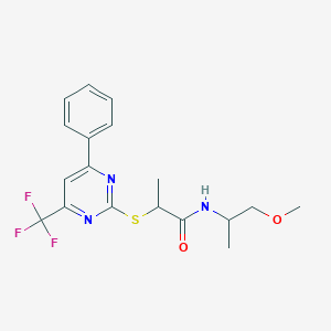 molecular formula C18H20F3N3O2S B319698 N-(2-methoxy-1-methylethyl)-2-{[4-phenyl-6-(trifluoromethyl)-2-pyrimidinyl]sulfanyl}propanamide 