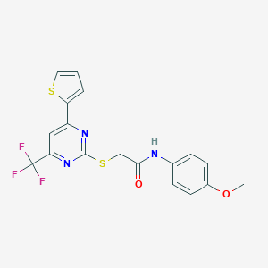 molecular formula C18H14F3N3O2S2 B319749 N-(4-methoxyphenyl)-2-{[4-(thiophen-2-yl)-6-(trifluoromethyl)pyrimidin-2-yl]sulfanyl}acetamide 