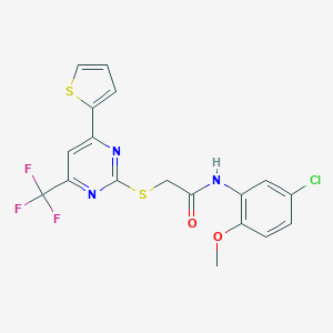 molecular formula C18H13ClF3N3O2S2 B319752 N-(5-chloro-2-methoxyphenyl)-2-{[4-(thiophen-2-yl)-6-(trifluoromethyl)pyrimidin-2-yl]sulfanyl}acetamide 