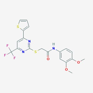 molecular formula C19H16F3N3O3S2 B319753 N-(3,4-dimethoxyphenyl)-2-{[4-(thiophen-2-yl)-6-(trifluoromethyl)pyrimidin-2-yl]sulfanyl}acetamide 