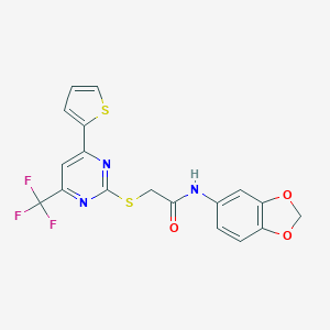 molecular formula C18H12F3N3O3S2 B319754 N-(2H-1,3-BENZODIOXOL-5-YL)-2-{[4-(THIOPHEN-2-YL)-6-(TRIFLUOROMETHYL)PYRIMIDIN-2-YL]SULFANYL}ACETAMIDE 