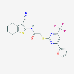 molecular formula C20H15F3N4O2S2 B319757 N-(3-cyano-4,5,6,7-tetrahydro-1-benzothien-2-yl)-2-{[4-(2-furyl)-6-(trifluoromethyl)-2-pyrimidinyl]sulfanyl}acetamide 