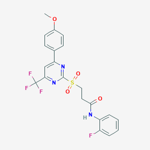 molecular formula C21H17F4N3O4S B319852 N-(2-fluorophenyl)-3-{[4-(4-methoxyphenyl)-6-(trifluoromethyl)pyrimidin-2-yl]sulfonyl}propanamide 