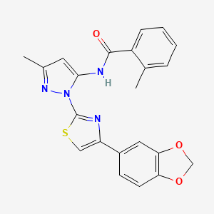 molecular formula C22H18N4O3S B3201059 N-(1-(4-(benzo[d][1,3]dioxol-5-yl)thiazol-2-yl)-3-methyl-1H-pyrazol-5-yl)-2-methylbenzamide CAS No. 1019100-99-2