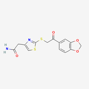 molecular formula C14H12N2O4S2 B3202222 2-(2-((2-(Benzo[d][1,3]dioxol-5-yl)-2-oxoethyl)thio)thiazol-4-yl)acetamide CAS No. 1021035-16-4