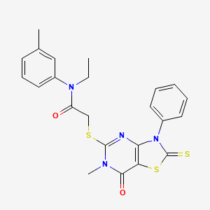 molecular formula C23H22N4O2S3 B3202407 N-ethyl-2-({6-methyl-7-oxo-3-phenyl-2-sulfanylidene-2H,3H,6H,7H-[1,3]thiazolo[4,5-d]pyrimidin-5-yl}sulfanyl)-N-(3-methylphenyl)acetamide CAS No. 1021209-03-9