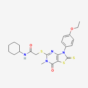 molecular formula C22H26N4O3S3 B3202914 N-cyclohexyl-2-{[3-(4-ethoxyphenyl)-6-methyl-7-oxo-2-sulfanylidene-2H,3H,6H,7H-[1,3]thiazolo[4,5-d]pyrimidin-5-yl]sulfanyl}acetamide CAS No. 1021221-17-9