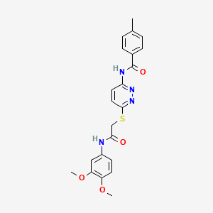 molecular formula C22H22N4O4S B3203046 N-(6-((2-((3,4-dimethoxyphenyl)amino)-2-oxoethyl)thio)pyridazin-3-yl)-4-methylbenzamide CAS No. 1021226-44-7