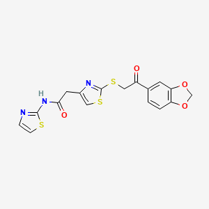 molecular formula C17H13N3O4S3 B3205032 2-(2-((2-(benzo[d][1,3]dioxol-5-yl)-2-oxoethyl)thio)thiazol-4-yl)-N-(thiazol-2-yl)acetamide CAS No. 1040639-23-3