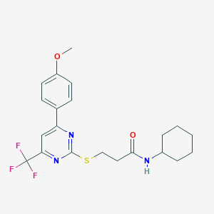 molecular formula C21H24F3N3O2S B320512 N-cyclohexyl-3-{[4-(4-methoxyphenyl)-6-(trifluoromethyl)-2-pyrimidinyl]sulfanyl}propanamide 