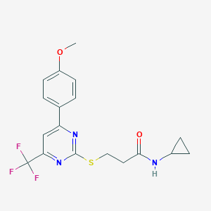 molecular formula C18H18F3N3O2S B320530 N-cyclopropyl-3-{[4-(4-methoxyphenyl)-6-(trifluoromethyl)-2-pyrimidinyl]sulfanyl}propanamide 