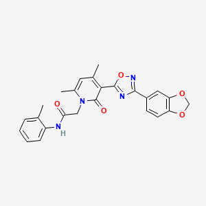 molecular formula C25H22N4O5 B3206726 2-{3-[3-(2H-1,3-benzodioxol-5-yl)-1,2,4-oxadiazol-5-yl]-4,6-dimethyl-2-oxo-1,2-dihydropyridin-1-yl}-N-(2-methylphenyl)acetamide CAS No. 1040672-19-2