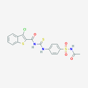 molecular formula C18H14ClN3O4S3 B320744 N-[[4-(acetylsulfamoyl)phenyl]carbamothioyl]-3-chloro-1-benzothiophene-2-carboxamide 