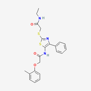 molecular formula C22H23N3O3S2 B3207955 N-ethyl-2-((4-phenyl-5-(2-(o-tolyloxy)acetamido)thiazol-2-yl)thio)acetamide CAS No. 1049223-52-0