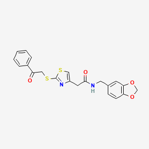 molecular formula C21H18N2O4S2 B3208005 N-(benzo[d][1,3]dioxol-5-ylmethyl)-2-(2-((2-oxo-2-phenylethyl)thio)thiazol-4-yl)acetamide CAS No. 1049268-85-0