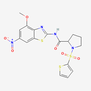 molecular formula C17H16N4O6S3 B3212881 N-(4-methoxy-6-nitro-1,3-benzothiazol-2-yl)-1-(thiophene-2-sulfonyl)pyrrolidine-2-carboxamide CAS No. 1105638-79-6