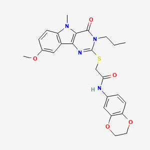 molecular formula C25H26N4O5S B3213166 N-(2,3-dihydro-1,4-benzodioxin-6-yl)-2-({8-methoxy-5-methyl-4-oxo-3-propyl-3H,4H,5H-pyrimido[5,4-b]indol-2-yl}sulfanyl)acetamide CAS No. 1112301-40-2