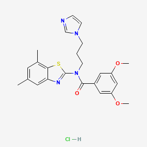 molecular formula C24H27ClN4O3S B3222804 N-(5,7-dimethyl-1,3-benzothiazol-2-yl)-N-[3-(1H-imidazol-1-yl)propyl]-3,5-dimethoxybenzamide hydrochloride CAS No. 1215411-94-1