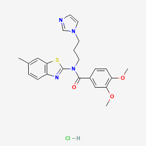 molecular formula C23H25ClN4O3S B3222816 N-[3-(1H-imidazol-1-yl)propyl]-3,4-dimethoxy-N-(6-methyl-1,3-benzothiazol-2-yl)benzamide hydrochloride CAS No. 1215526-96-7