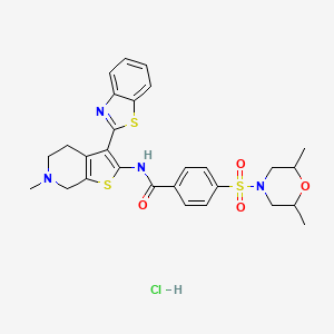 molecular formula C28H31ClN4O4S3 B3222834 N-[3-(1,3-benzothiazol-2-yl)-6-methyl-4H,5H,6H,7H-thieno[2,3-c]pyridin-2-yl]-4-[(2,6-dimethylmorpholin-4-yl)sulfonyl]benzamide hydrochloride CAS No. 1215632-34-0