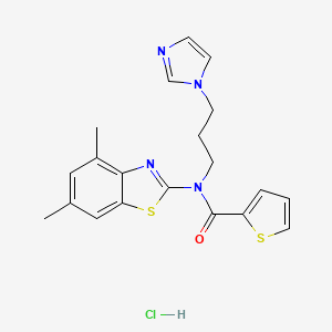 molecular formula C20H21ClN4OS2 B3222893 N-(4,6-dimethyl-1,3-benzothiazol-2-yl)-N-[3-(1H-imidazol-1-yl)propyl]thiophene-2-carboxamide hydrochloride CAS No. 1215817-50-7