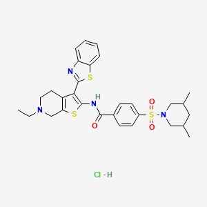 molecular formula C30H35ClN4O3S3 B3222996 N-[3-(1,3-benzothiazol-2-yl)-6-ethyl-4H,5H,6H,7H-thieno[2,3-c]pyridin-2-yl]-4-[(3,5-dimethylpiperidin-1-yl)sulfonyl]benzamide hydrochloride CAS No. 1216615-88-1