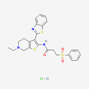 molecular formula C25H26ClN3O3S3 B3223012 3-(benzenesulfonyl)-N-[3-(1,3-benzothiazol-2-yl)-6-ethyl-4H,5H,6H,7H-thieno[2,3-c]pyridin-2-yl]propanamide hydrochloride CAS No. 1216652-04-8