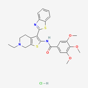 molecular formula C26H28ClN3O4S2 B3223019 N-[3-(1,3-benzothiazol-2-yl)-6-ethyl-4H,5H,6H,7H-thieno[2,3-c]pyridin-2-yl]-3,4,5-trimethoxybenzamide hydrochloride CAS No. 1216654-60-2