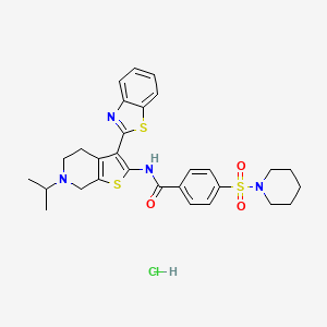 molecular formula C29H33ClN4O3S3 B3223040 N-[3-(1,3-benzothiazol-2-yl)-6-(propan-2-yl)-4H,5H,6H,7H-thieno[2,3-c]pyridin-2-yl]-4-(piperidine-1-sulfonyl)benzamide hydrochloride CAS No. 1216728-24-3