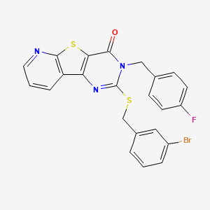 molecular formula C23H15BrFN3OS2 B3223729 4-[(3-bromophenyl)methylsulfanyl]-5-[(4-fluorophenyl)methyl]-8-thia-3,5,10-triazatricyclo[7.4.0.02,7]trideca-1(9),2(7),3,10,12-pentaen-6-one CAS No. 1223797-87-2