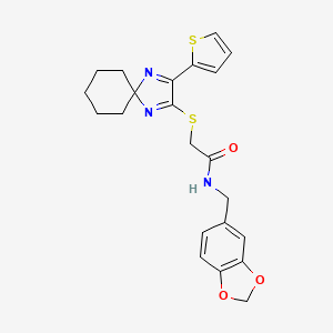 molecular formula C22H23N3O3S2 B3223734 N-[(2H-1,3-benzodioxol-5-yl)methyl]-2-{[3-(thiophen-2-yl)-1,4-diazaspiro[4.5]deca-1,3-dien-2-yl]sulfanyl}acetamide CAS No. 1223823-63-9