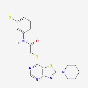 molecular formula C19H21N5OS3 B3235990 N-[3-(METHYLSULFANYL)PHENYL]-2-{[2-(PIPERIDIN-1-YL)-[1,3]THIAZOLO[4,5-D]PYRIMIDIN-7-YL]SULFANYL}ACETAMIDE CAS No. 1358726-34-7