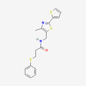 molecular formula C18H18N2OS3 B3237942 N-((4-methyl-2-(thiophen-2-yl)thiazol-5-yl)methyl)-3-(phenylthio)propanamide CAS No. 1396814-54-2