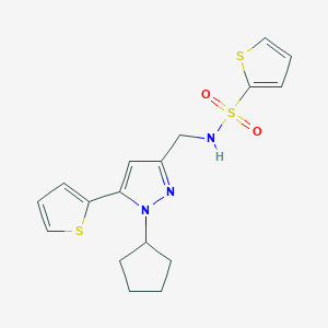 molecular formula C17H19N3O2S3 B3239739 N-((1-cyclopentyl-5-(thiophen-2-yl)-1H-pyrazol-3-yl)methyl)thiophene-2-sulfonamide CAS No. 1421524-03-9