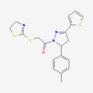 molecular formula C19H19N3OS3 B3265295 2-(4,5-dihydro-1,3-thiazol-2-ylsulfanyl)-1-[5-(4-methylphenyl)-3-(thiophen-2-yl)-4,5-dihydro-1H-pyrazol-1-yl]ethan-1-one CAS No. 403843-14-1
