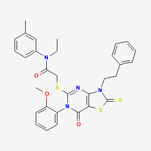 molecular formula C31H30N4O3S3 B3266323 N-ethyl-2-{[6-(2-methoxyphenyl)-7-oxo-3-(2-phenylethyl)-2-sulfanylidene-2H,3H,6H,7H-[1,3]thiazolo[4,5-d]pyrimidin-5-yl]sulfanyl}-N-(3-methylphenyl)acetamide CAS No. 422306-80-7
