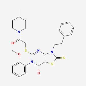 molecular formula C28H30N4O3S3 B3266325 6-(2-methoxyphenyl)-5-{[2-(4-methylpiperidin-1-yl)-2-oxoethyl]sulfanyl}-3-(2-phenylethyl)-2-sulfanylidene-2H,3H,6H,7H-[1,3]thiazolo[4,5-d]pyrimidin-7-one CAS No. 422306-81-8