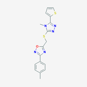 molecular formula C17H15N5OS2 B326832 5-({[4-methyl-5-(thiophen-2-yl)-1,2,4-triazol-3-yl]sulfanyl}methyl)-3-(4-methylphenyl)-1,2,4-oxadiazole 