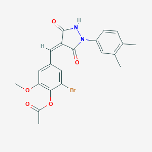 molecular formula C21H19BrN2O5 B327037 2-BROMO-4-{[(4Z)-1-(3,4-DIMETHYLPHENYL)-3,5-DIOXOPYRAZOLIDIN-4-YLIDENE]METHYL}-6-METHOXYPHENYL ACETATE 