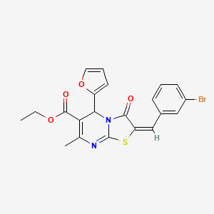molecular formula C21H17BrN2O4S B3270972 ethyl (2E)-2-[(3-bromophenyl)methylidene]-5-(furan-2-yl)-7-methyl-3-oxo-2H,3H,5H-[1,3]thiazolo[3,2-a]pyrimidine-6-carboxylate CAS No. 537685-53-3