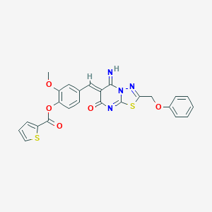 molecular formula C25H18N4O5S2 B327649 4-{[(6Z)-5-IMINO-7-OXO-2-(PHENOXYMETHYL)-5H,6H,7H-[1,3,4]THIADIAZOLO[3,2-A]PYRIMIDIN-6-YLIDENE]METHYL}-2-METHOXYPHENYL THIOPHENE-2-CARBOXYLATE 