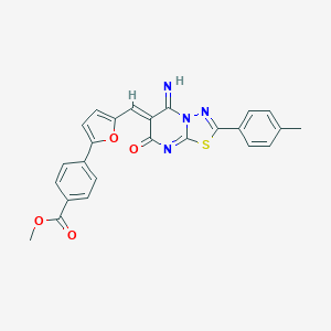 molecular formula C25H18N4O4S B327692 METHYL 4-(5-{[(6Z)-5-IMINO-2-(4-METHYLPHENYL)-7-OXO-5H,6H,7H-[1,3,4]THIADIAZOLO[3,2-A]PYRIMIDIN-6-YLIDENE]METHYL}FURAN-2-YL)BENZOATE 