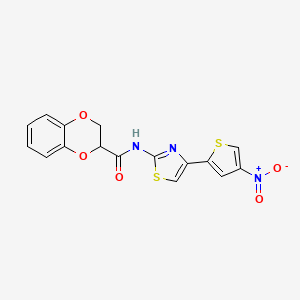 molecular formula C16H11N3O5S2 B3278665 N-(4-(4-nitrothiophen-2-yl)thiazol-2-yl)-2,3-dihydrobenzo[b][1,4]dioxine-2-carboxamide CAS No. 681170-97-8