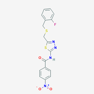 molecular formula C17H13FN4O3S2 B327919 N-[5-({[(2-FLUOROPHENYL)METHYL]SULFANYL}METHYL)-1,3,4-THIADIAZOL-2-YL]-4-NITROBENZAMIDE 