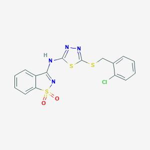 molecular formula C16H11ClN4O2S3 B327988 N-{5-[(2-chlorobenzyl)sulfanyl]-1,3,4-thiadiazol-2-yl}-N-(1,1-dioxido-1,2-benzisothiazol-3-yl)amine 
