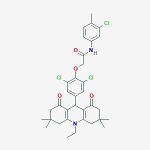 molecular formula C34H37Cl3N2O4 B328180 N-(3-chloro-4-methylphenyl)-2-[2,6-dichloro-4-(10-ethyl-3,3,6,6-tetramethyl-1,8-dioxo-1,2,3,4,5,6,7,8,9,10-decahydro-9-acridinyl)phenoxy]acetamide 
